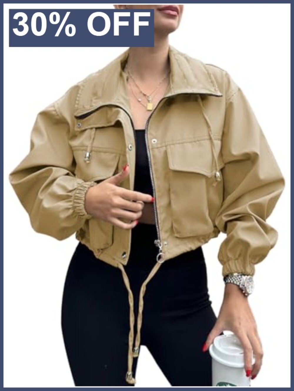 Womens Cropped Anorak Zip Up Lightweight Utility Jacket